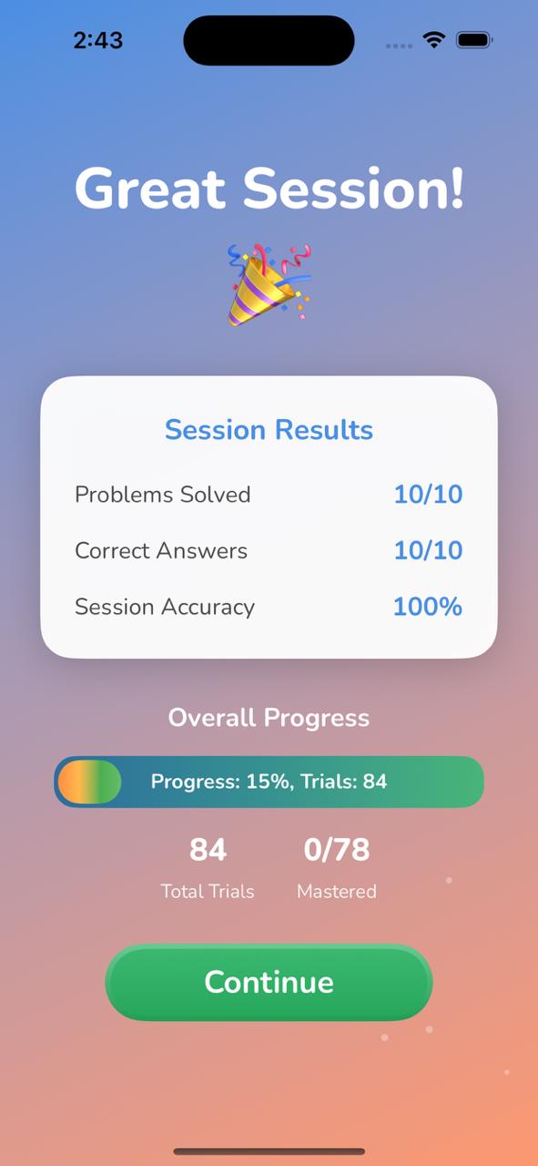 Congratulations screen after 10 trials